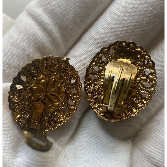 Vintage West Germany Black Cameo Brooch Earrings Set Gold Tone Regency Victorian - Picture 8 of 11